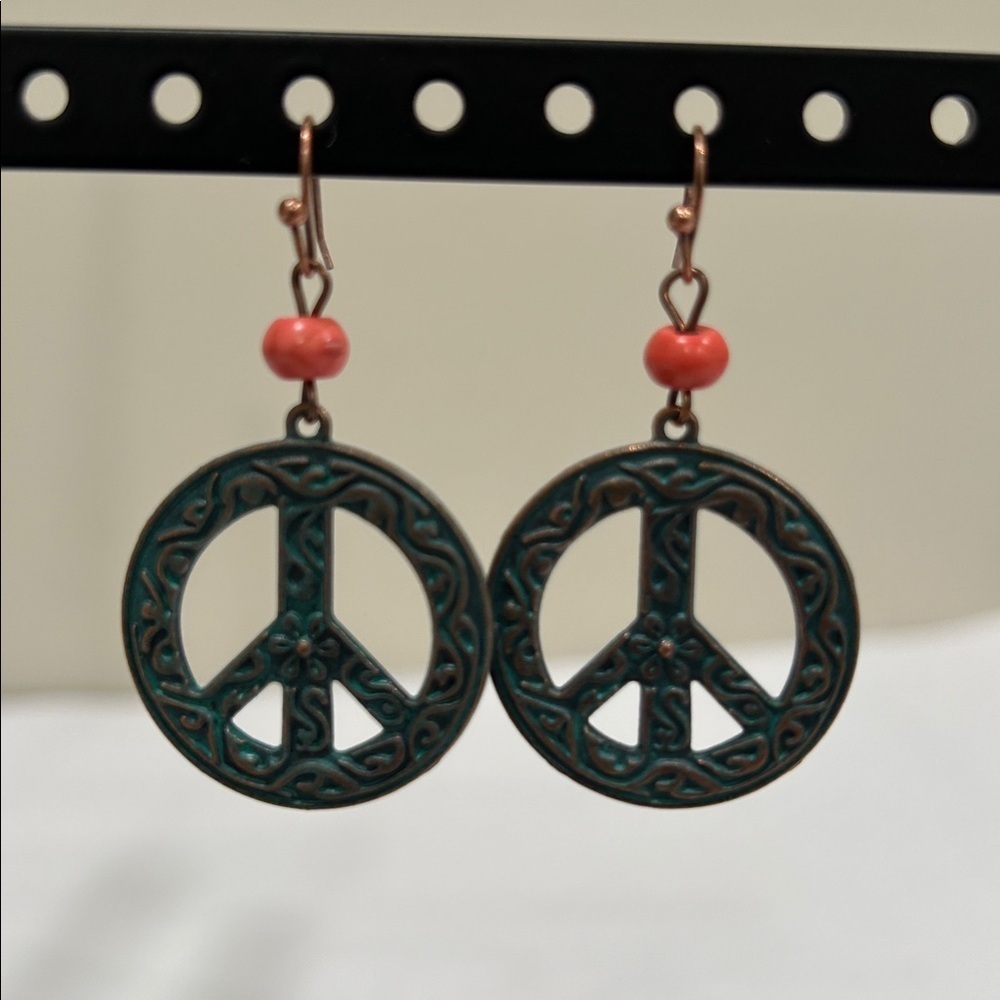 Bohemian Peace Sign Earrings - Turquoise and Red